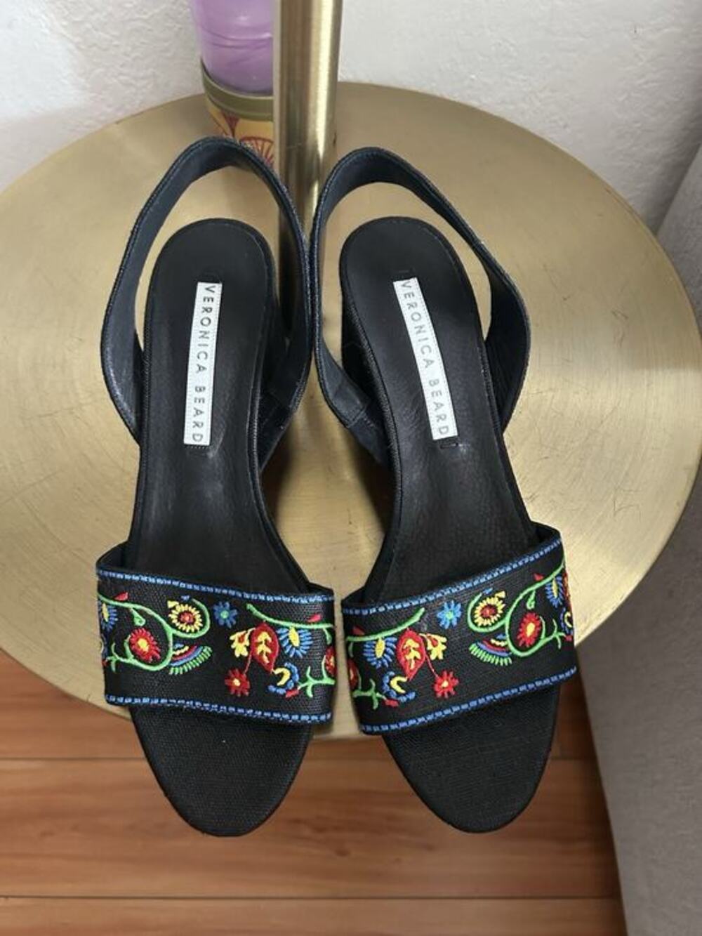 Veronica Bear Black Linen Embroidery Sandals Heel Luxury Italy 39 1/2 Cottage